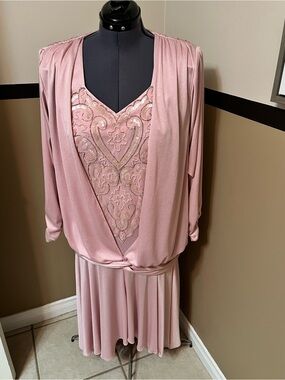 VTG art deco 80s beaded Dress 14 Drop Waist Flapper Gatsby style blush hi low